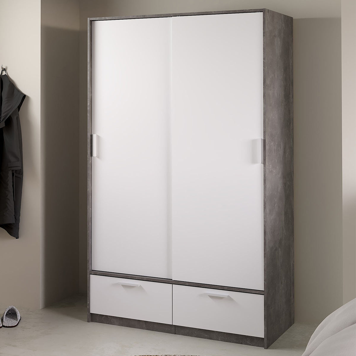 Wooden Wardrobe With 2 Sliding Doors And 2 Drawers - Line