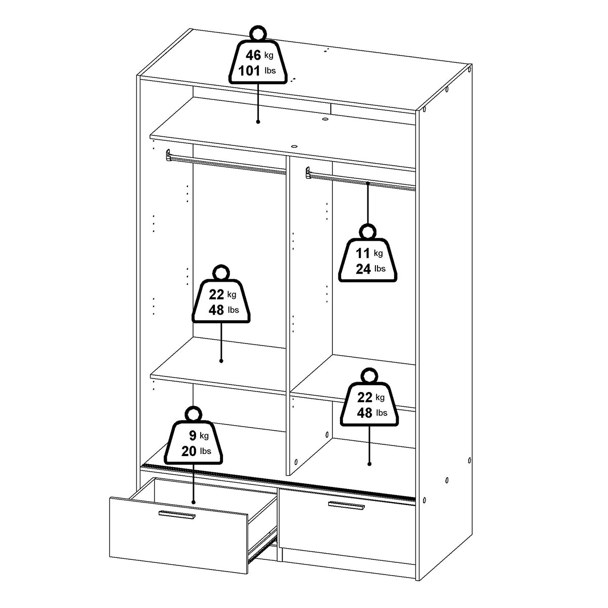 Wooden Wardrobe With 2 Sliding Doors And 2 Drawers - Line