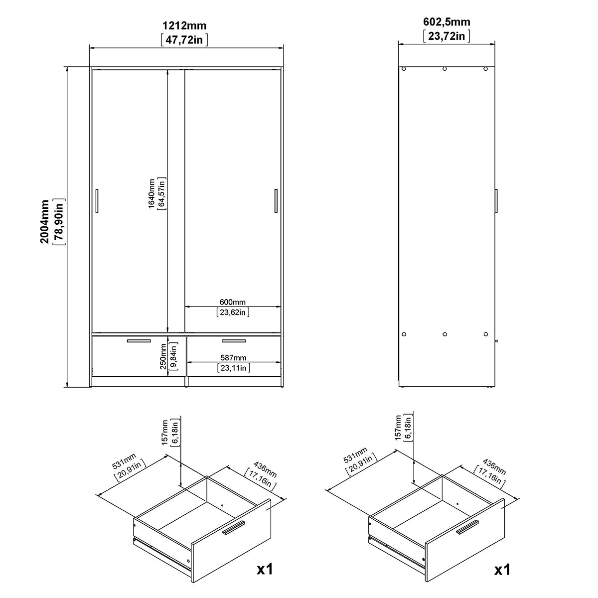 Wooden Wardrobe With 2 Sliding Doors And 2 Drawers - Line