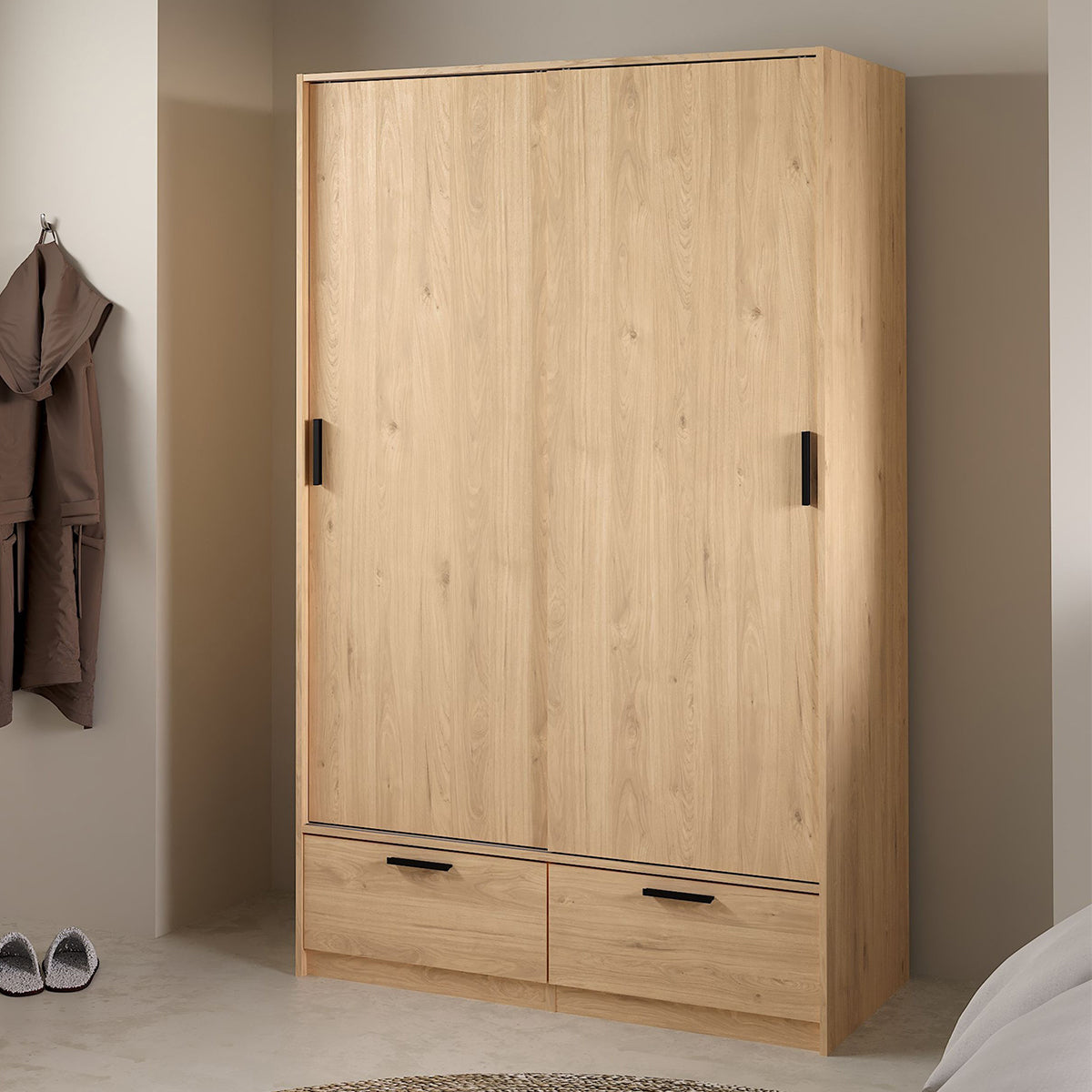 Wooden Wardrobe With 2 Sliding Doors And 2 Drawers - Line
