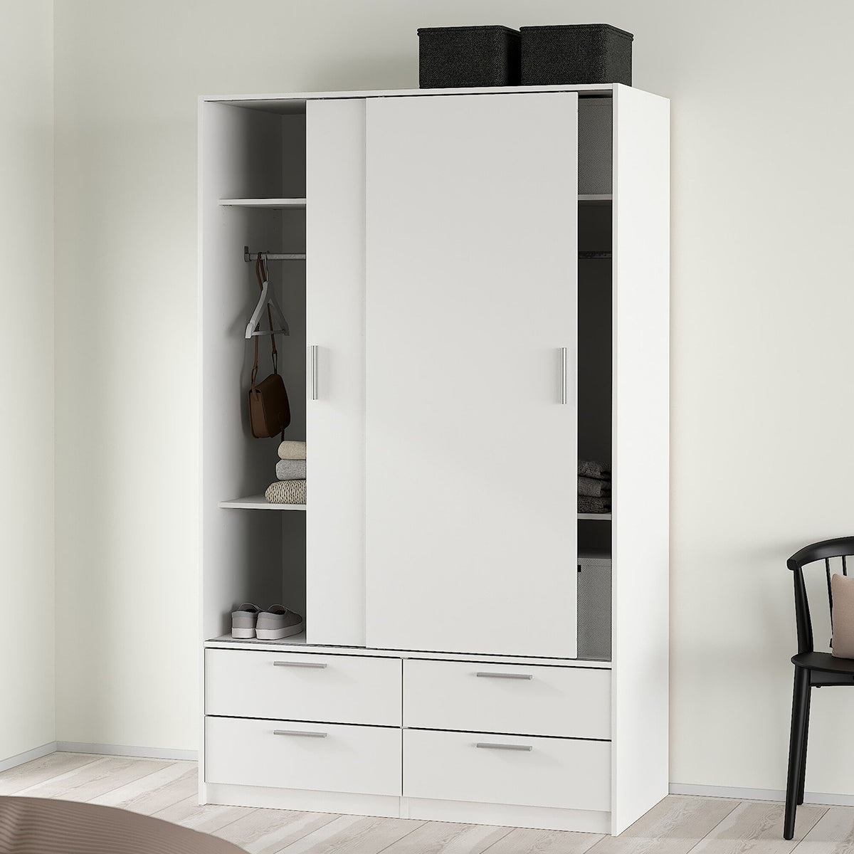 Wooden Wardrobe With 2 Sliding Doors And 4 Drawers - Line