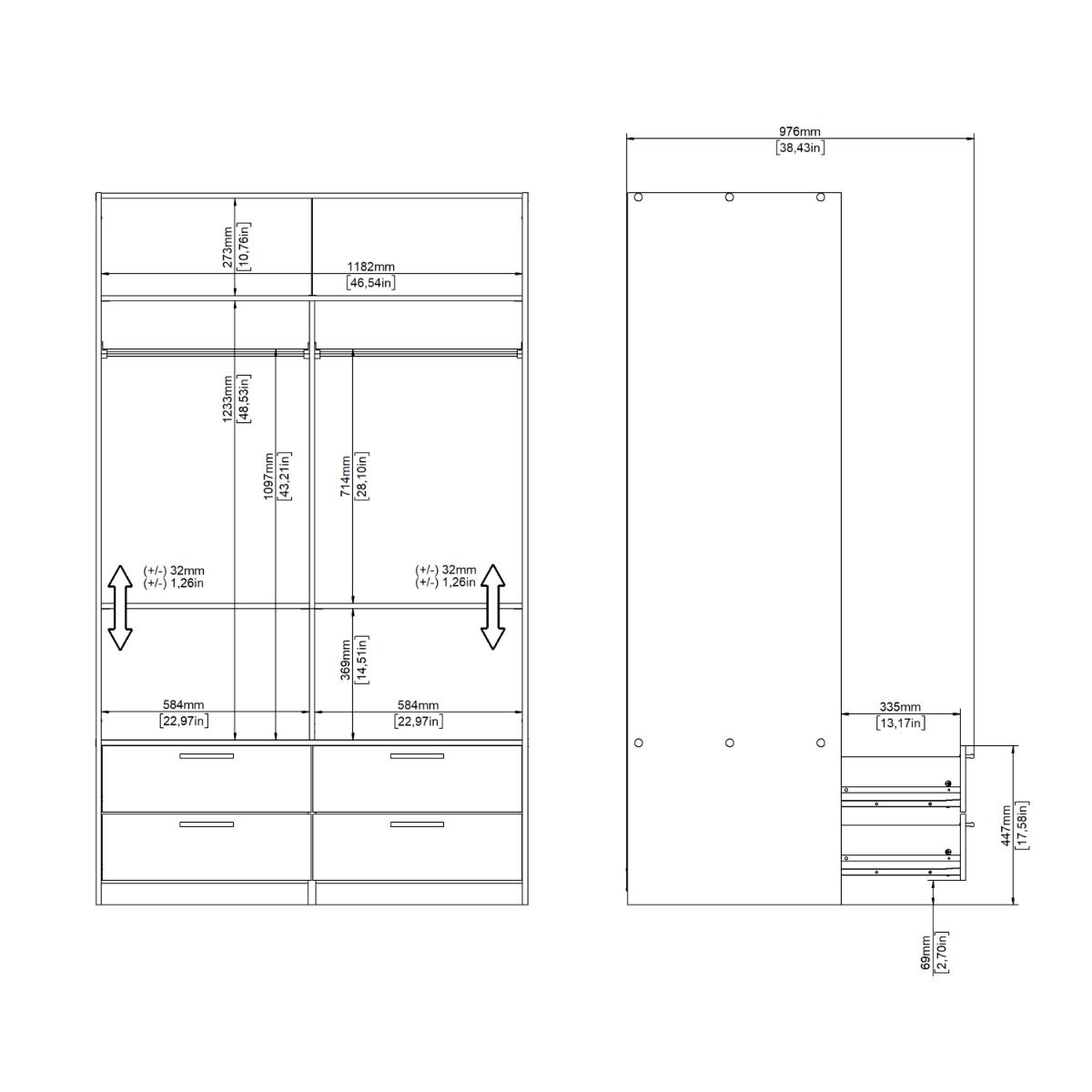 Wooden Wardrobe With 2 Sliding Doors And 4 Drawers - Line