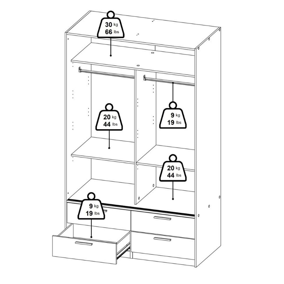 Wooden Wardrobe With 2 Sliding Doors And 4 Drawers - Line