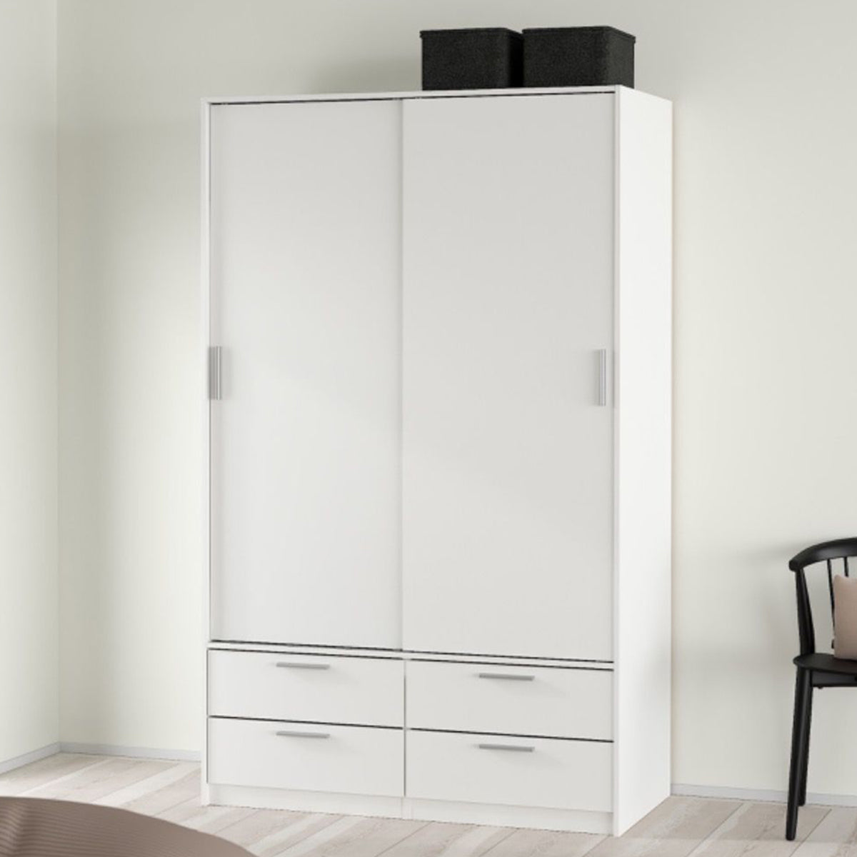 Wooden Wardrobe With 2 Sliding Doors And 4 Drawers - Line