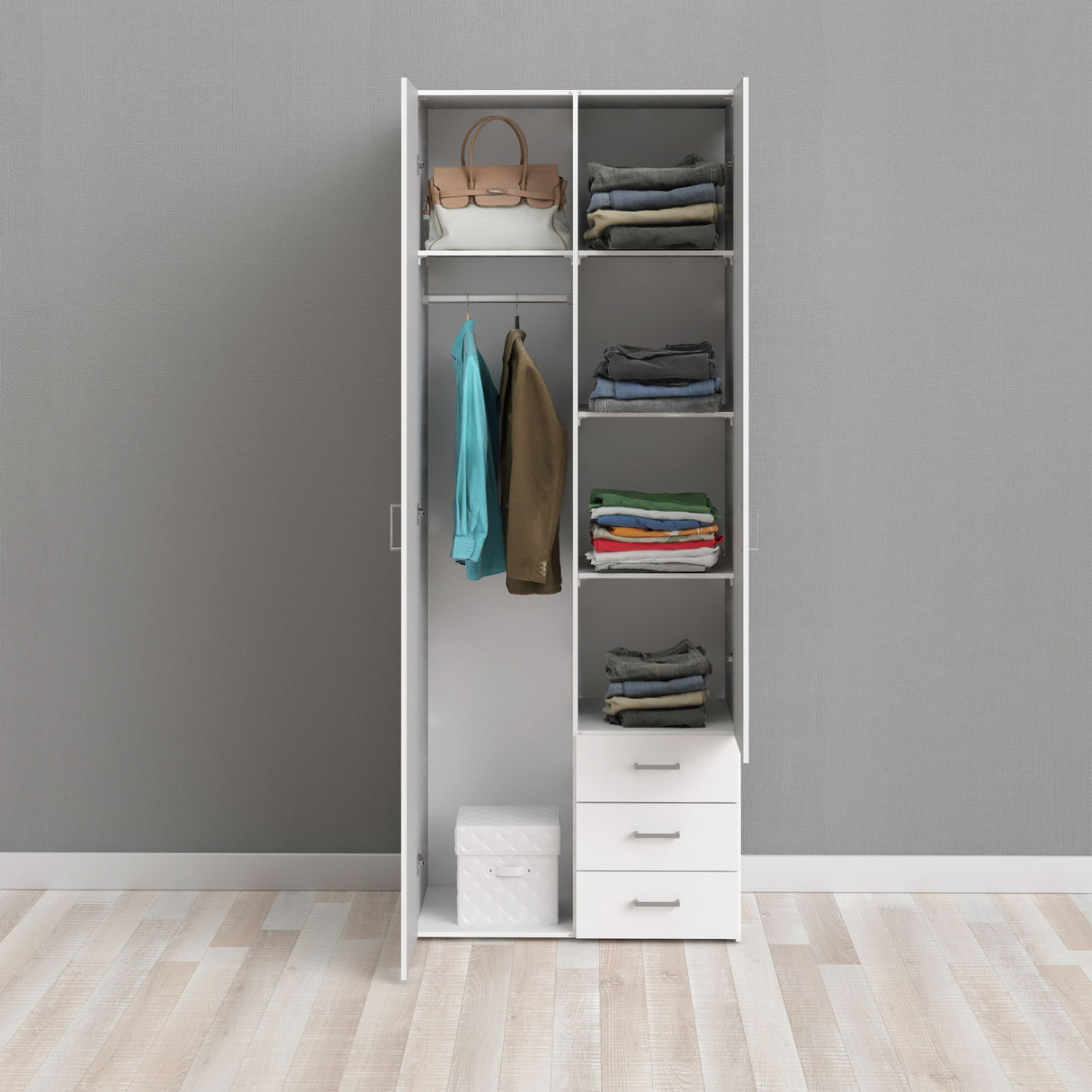 Wooden Wardrobe 200cm High With 2 Doors And 3 Drawers - Space