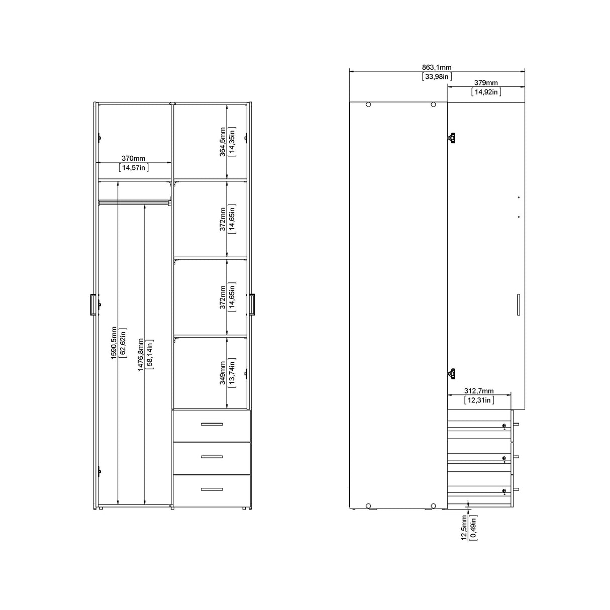 Wooden Wardrobe 200cm High With 2 Doors And 3 Drawers - Space