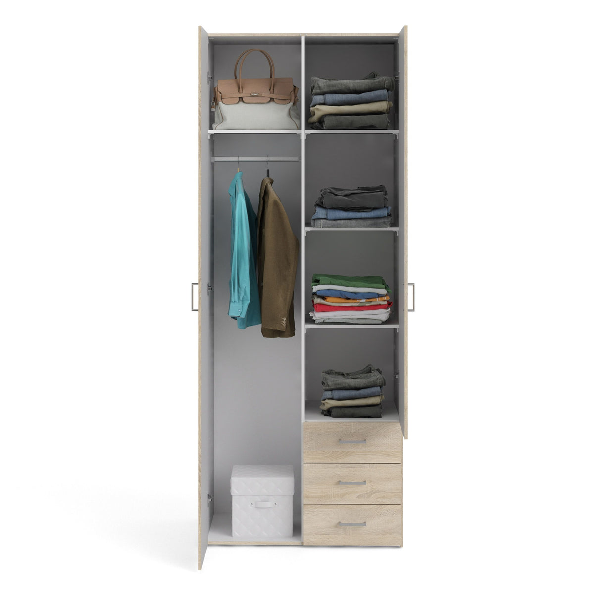 Wooden Wardrobe 200cm High With 2 Doors And 3 Drawers - Space