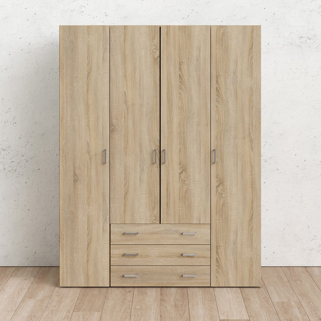 Wooden Wardrobe 200cm High With 4 Doors And 3 Drawers - Space