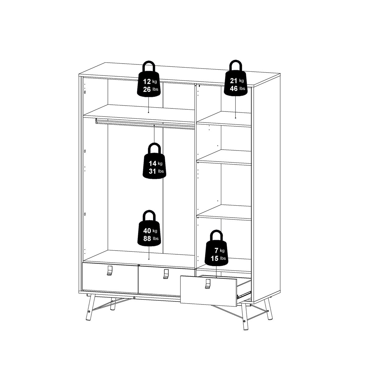 Wooden Wardrobe With 3 Doors And 3 Drawers - Ry