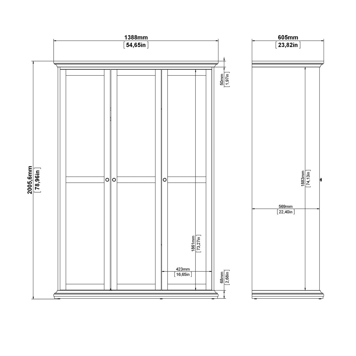 Wooden Wardrobe With 3 Doors - Paris