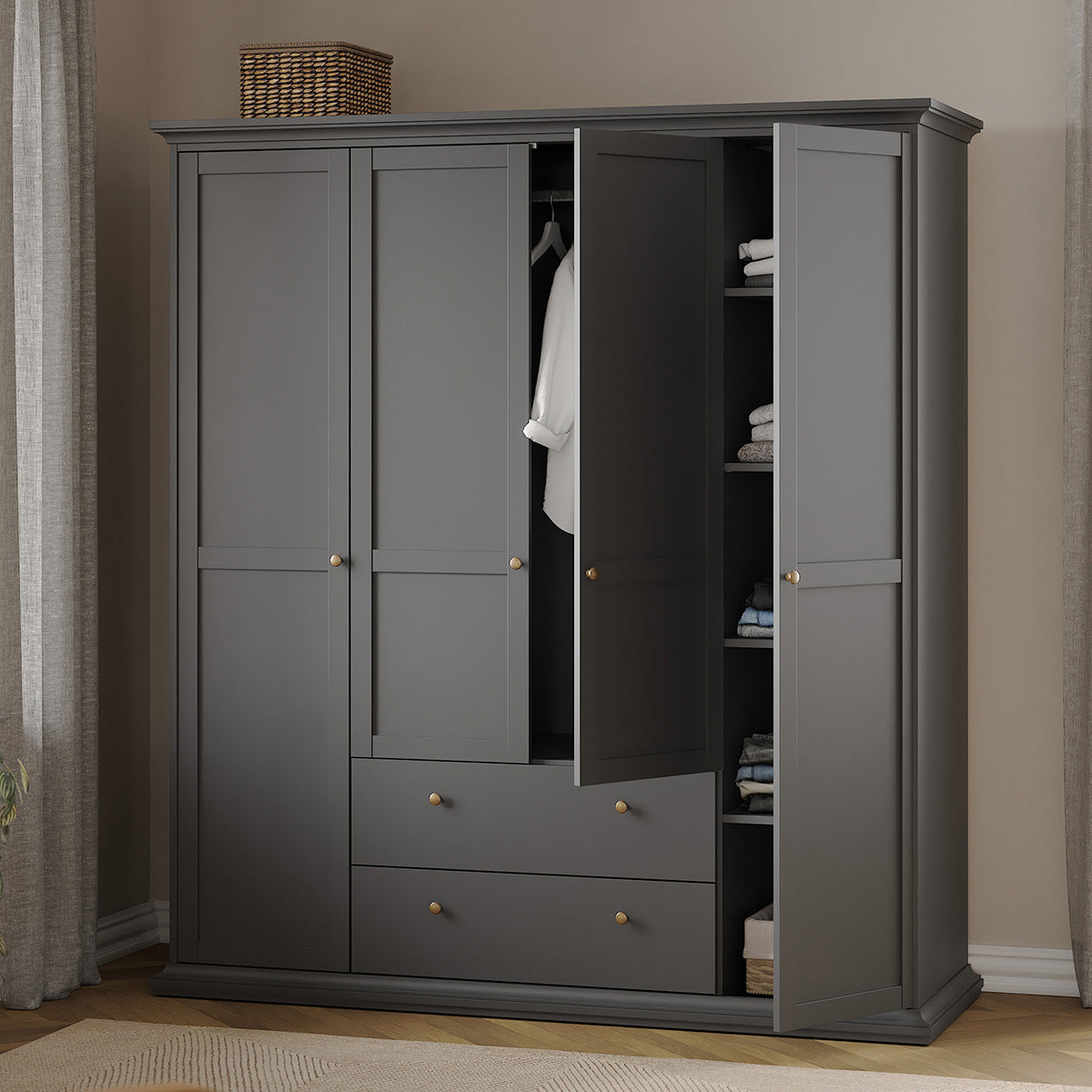 Wooden Wardrobe With 4 Doors And 2 Drawers - Paris