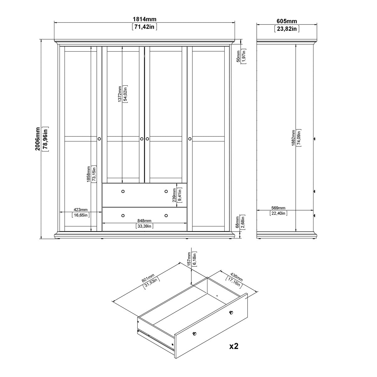 Wooden Wardrobe With 4 Doors And 2 Drawers - Paris