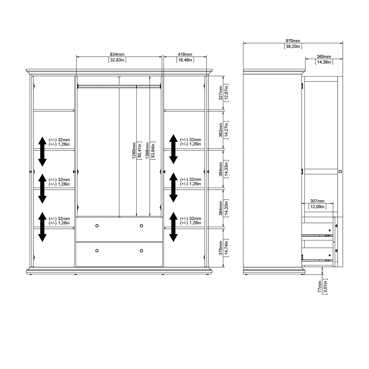 Wooden Wardrobe With 4 Doors And 2 Drawers - Paris