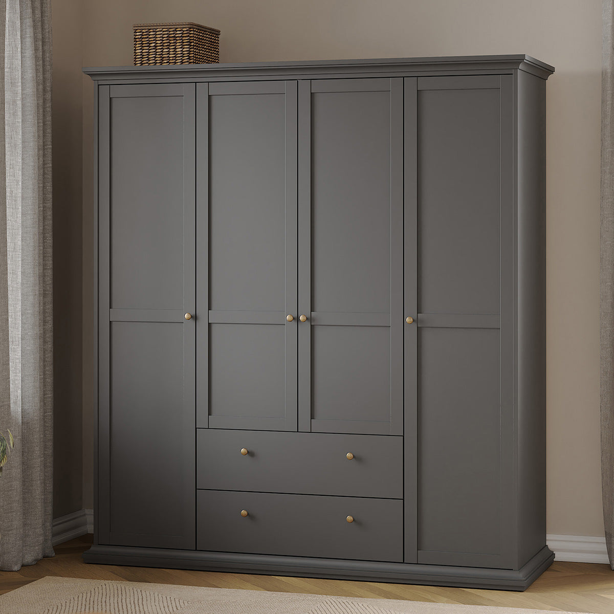 Wooden Wardrobe With 4 Doors And 2 Drawers - Paris