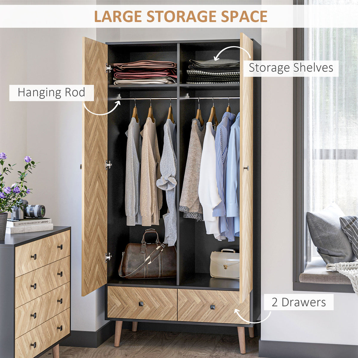 Wooden Wardrobe 90cm Wide With 2 Doors And 2 Drawers - Velmora