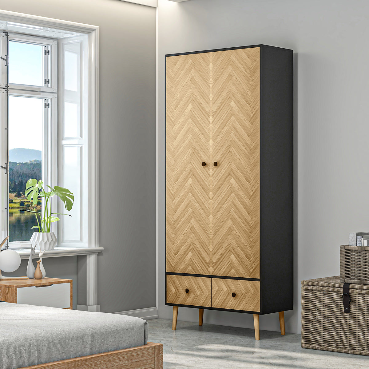 Wooden Wardrobe 90cm Wide With 2 Doors And 2 Drawers - Velmora