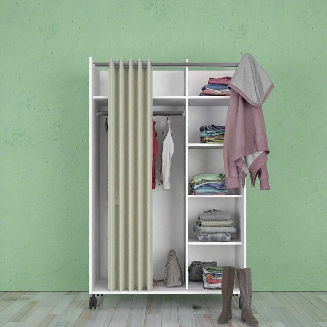 Wooden Wardrobe Open Mobile With Beige Textile Curtain On Wheels - Uppsala