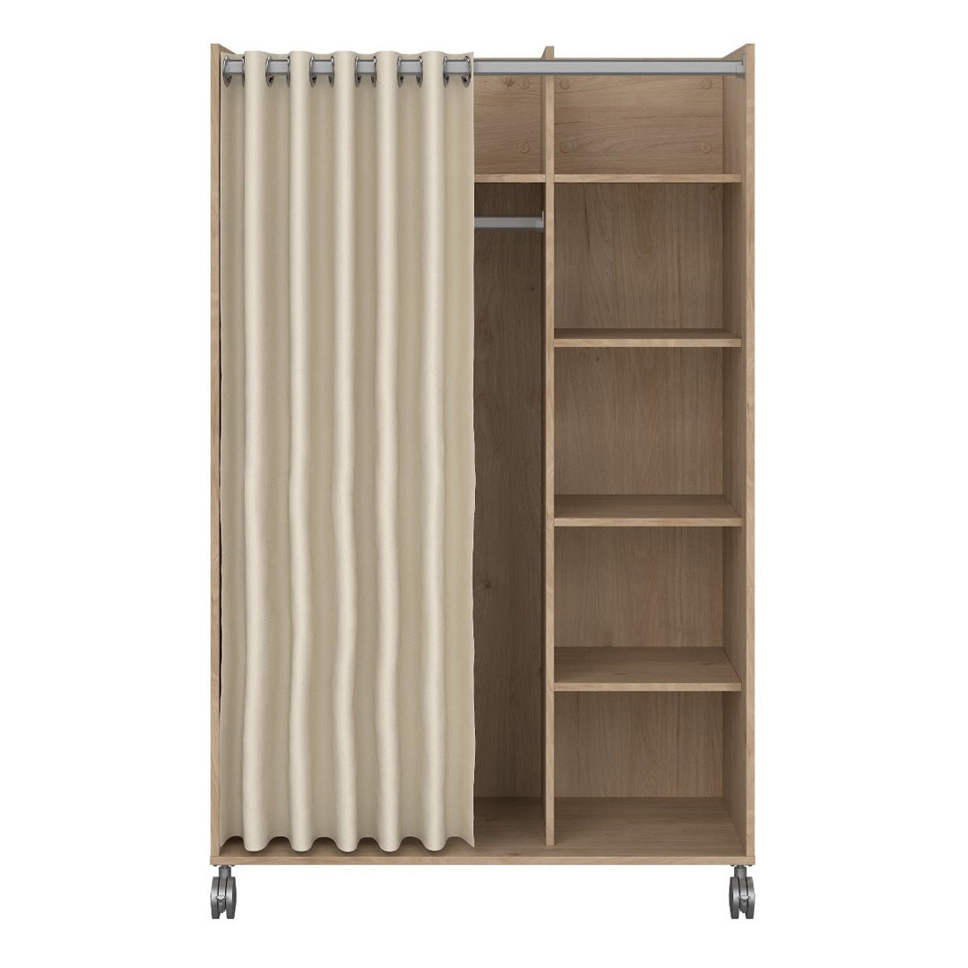Wooden Wardrobe Open Mobile With Beige Textile Curtain On Wheels - Uppsala