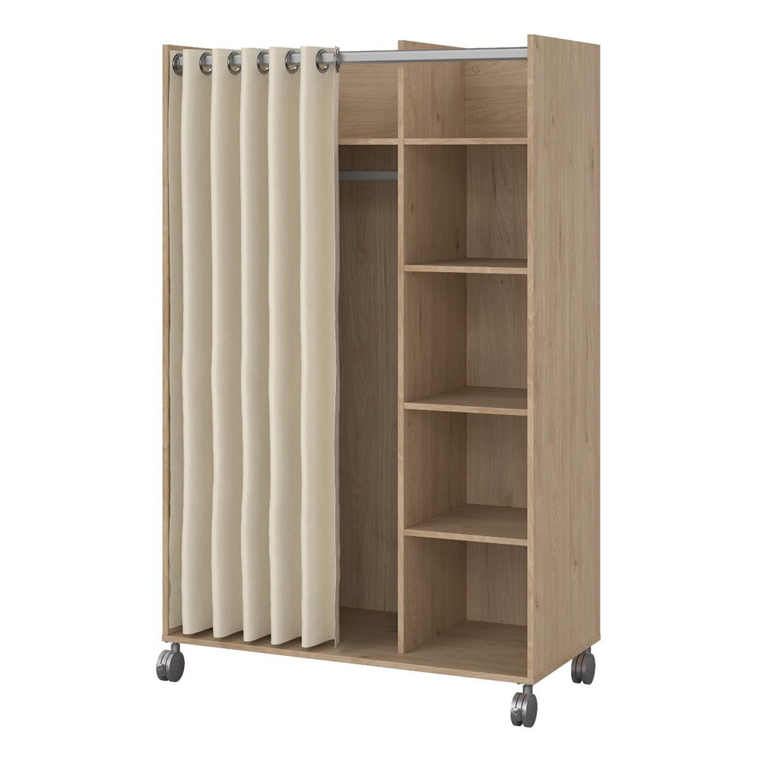 Wooden Wardrobe Open Mobile With Beige Textile Curtain On Wheels - Uppsala