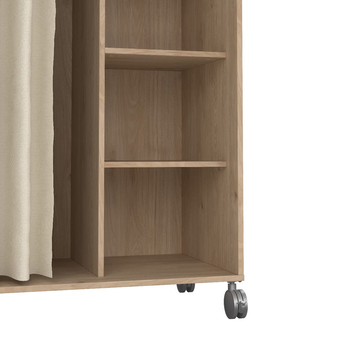Wooden Wardrobe Open Mobile With Beige Textile Curtain On Wheels - Uppsala