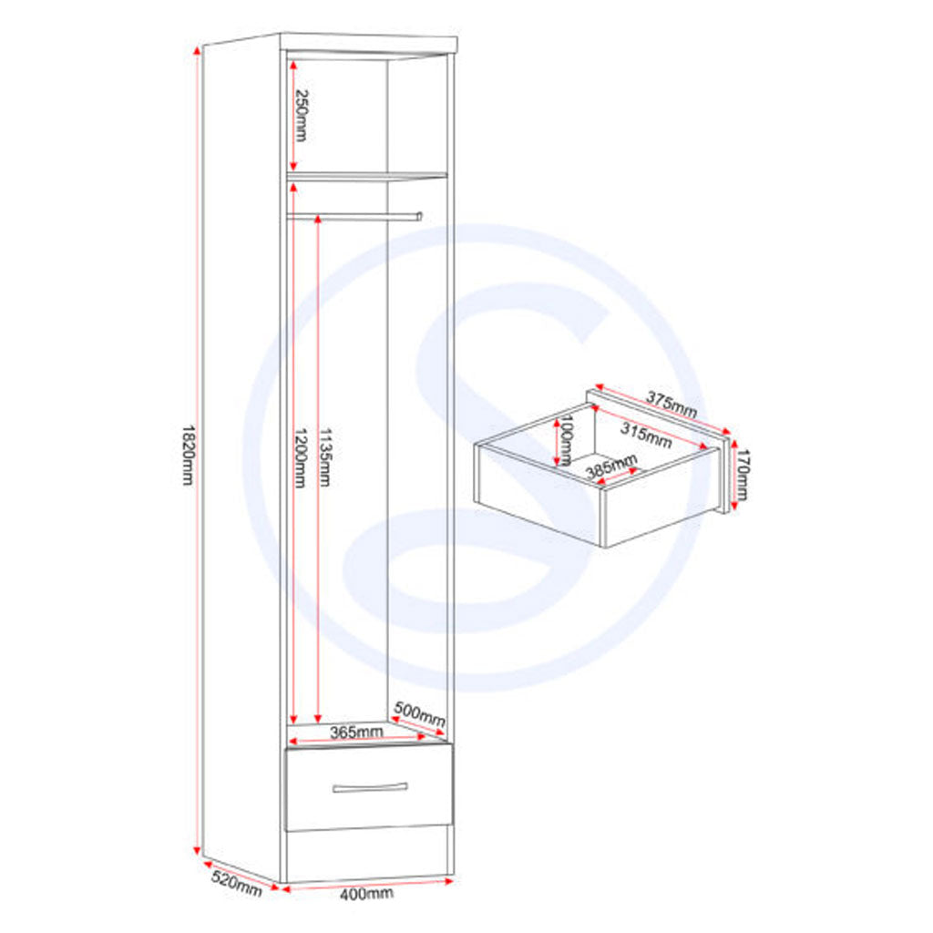 Wooden Wardrobe With 1 Door And 1 Drawer - Nevada