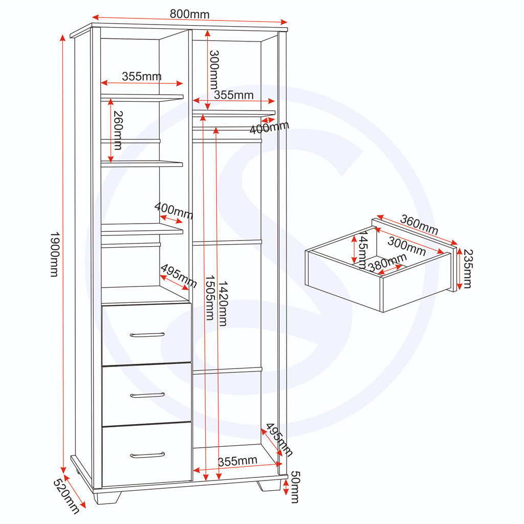 Wooden Wardrobe With 1 Door And 3 Drawers - Oliver