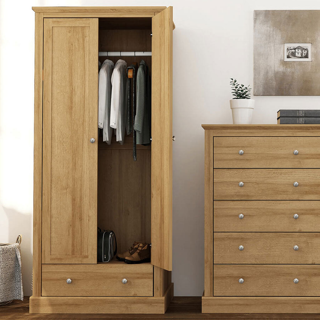 Wooden Wardrobe With 2 Doors And 1 Drawer - Devon