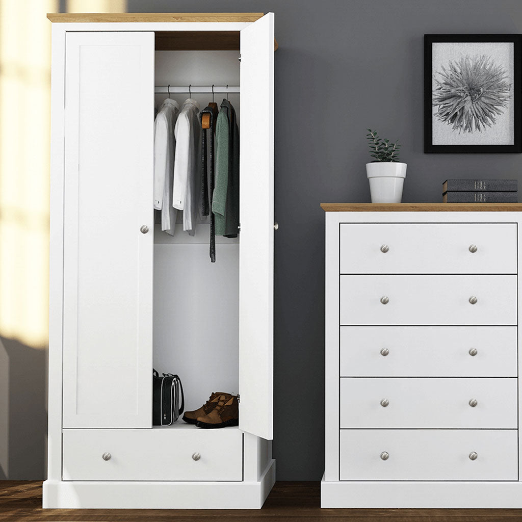 Wooden Wardrobe With 2 Doors And 1 Drawer - Devon