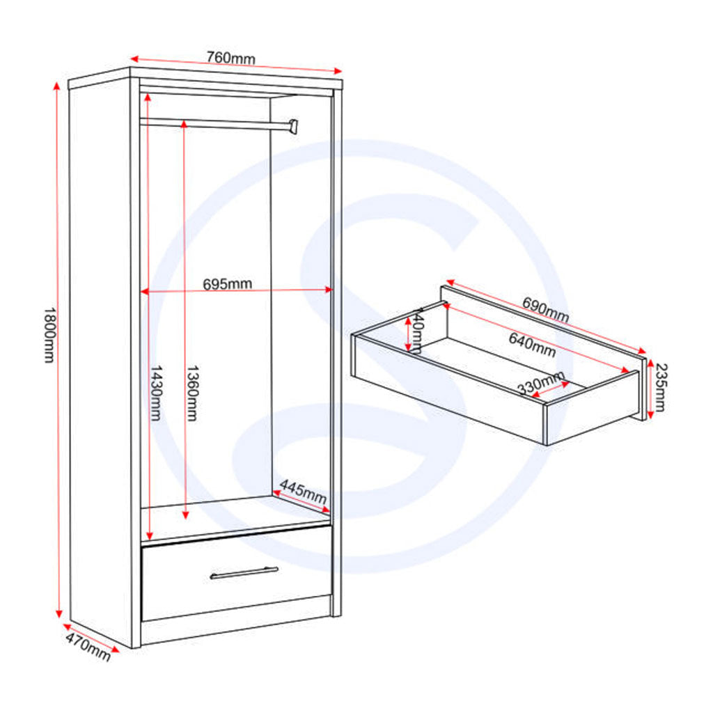 Wooden Wardrobe With 2 Doors And 1 Drawer - Seville
