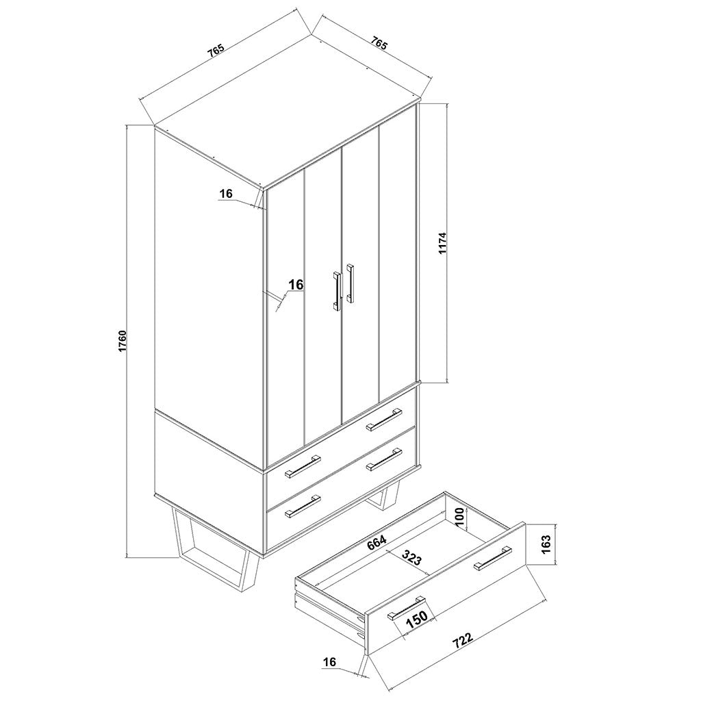 Wooden Wardrobe With 2 Doors And 2 Drawers - Texas