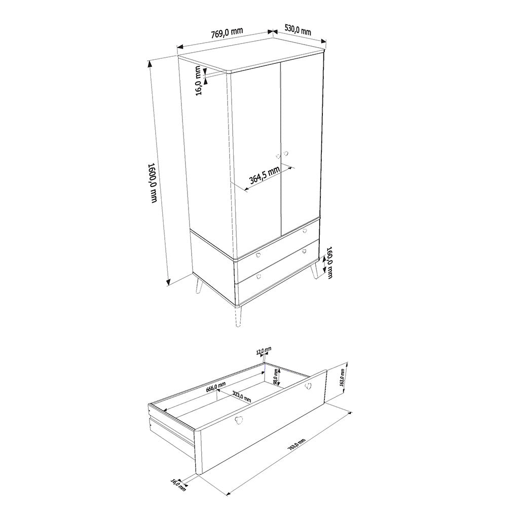 Wooden Wardrobe With 2 Doors And 2 Drawers With Plastic Legs - Augusta