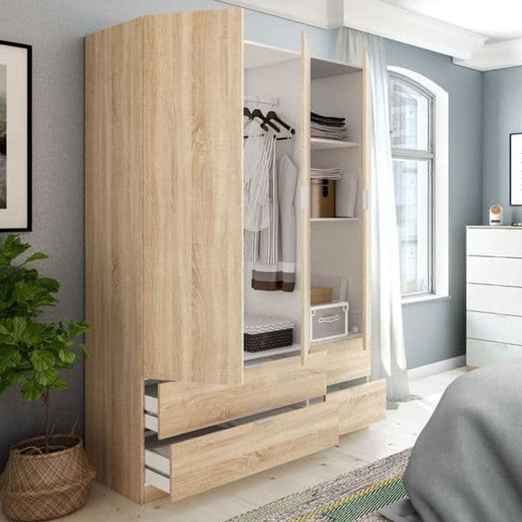 Wooden Wardrobe With 3 Doors And 4 Drawers - Carmel