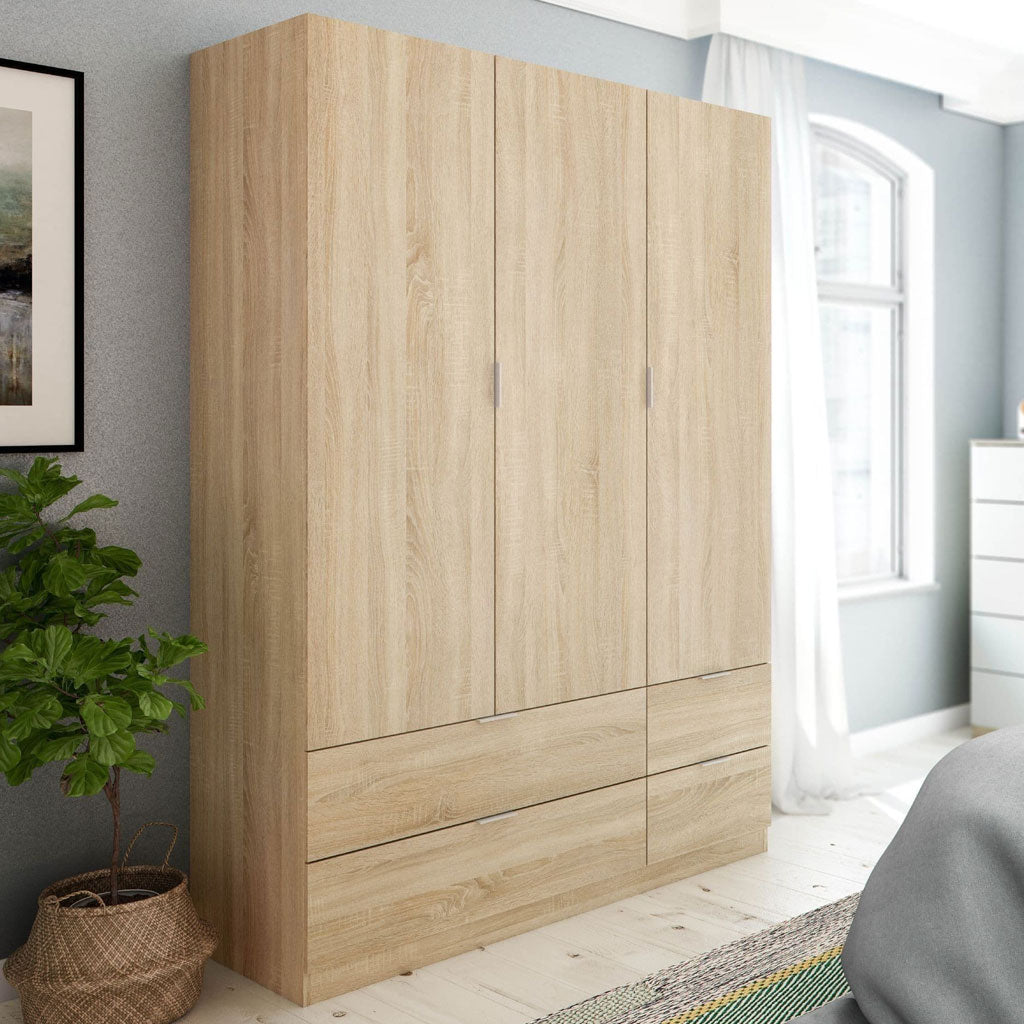 Wooden Wardrobe With 3 Doors And 4 Drawers - Carmel