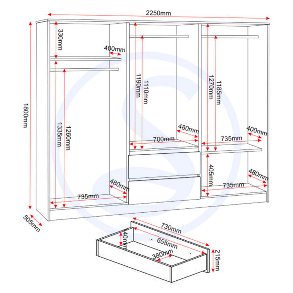 Wooden Wardrobe With 6 Doors And 2 Drawers - Malvern