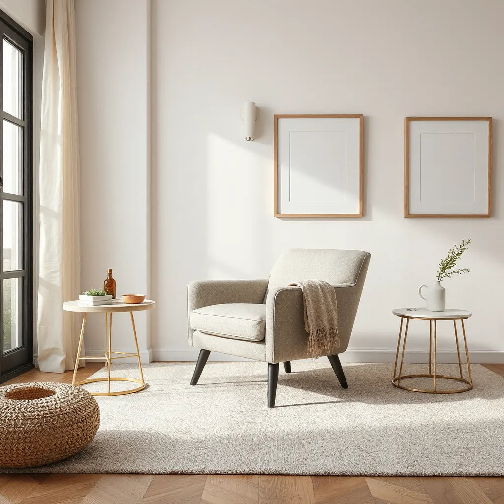 Stylish accent chair in a bright living room with side table, cushions, and soft throw