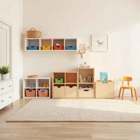 Child-friendly storage shelves and bins in a tidy playroom with books and toys neatly organized