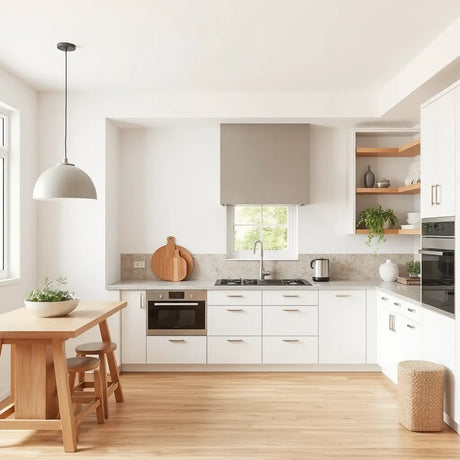Bright modern kitchen with island seating, built-in cabinetry, pendant lighting, and an uncluttered countertop