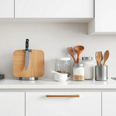 Modern kitchen countertop styled with organised utensils, canisters, and meal prep containers in soft daylight.