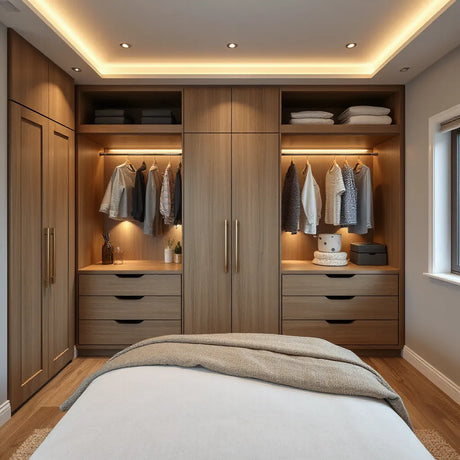 Floor-to-ceiling fitted wardrobes with drawers, hanging space, and soft LED lighting in a modern bedroom