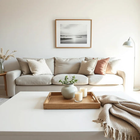 Living room styled with cushions, candles, and decorative ceramics for a fresh home decor look