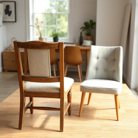 Vintage and contemporary chairs side by side in a bright, neutral dining setting