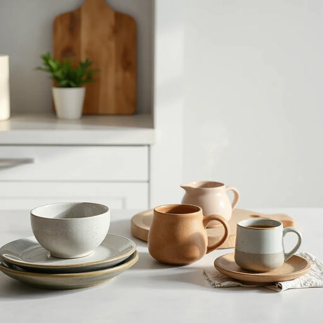 Neutral-toned stoneware plates, bowls and mugs on a kitchen countertop with soft natural light