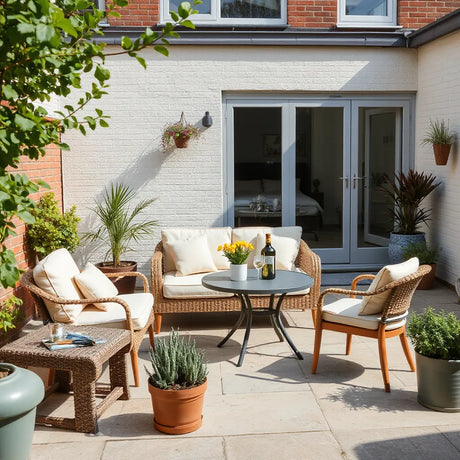 Weatherproof outdoor garden dining table and chairs on a tidy patio with potted plants