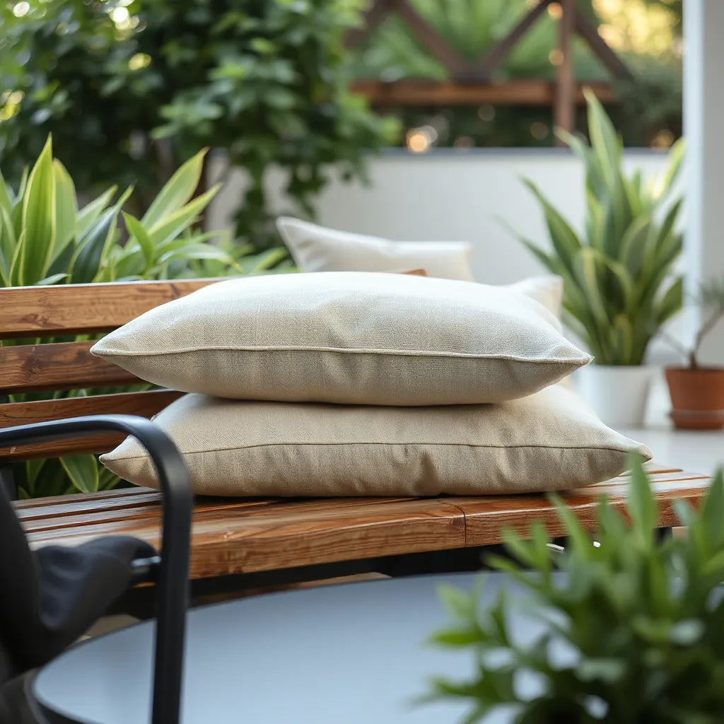 Outdoor cushions on a garden bench with fresh fabric texture in natural daylight