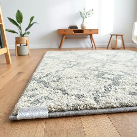 Thin rug gripper pad under an area rug on a wooden floor to prevent slipping