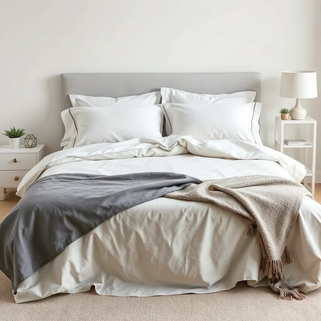Neatly made bed showing coordinated bedding sets with duvet cover and pillowcases in soft neutral tones