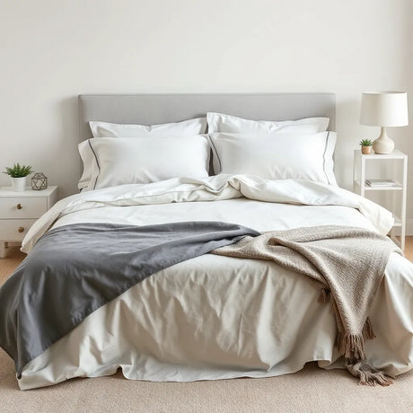 Neatly made bed showing coordinated bedding sets with duvet cover and pillowcases in soft neutral tones