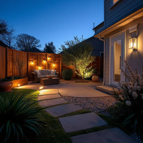 Warm LED path lights and uplighting in a patio garden at dusk