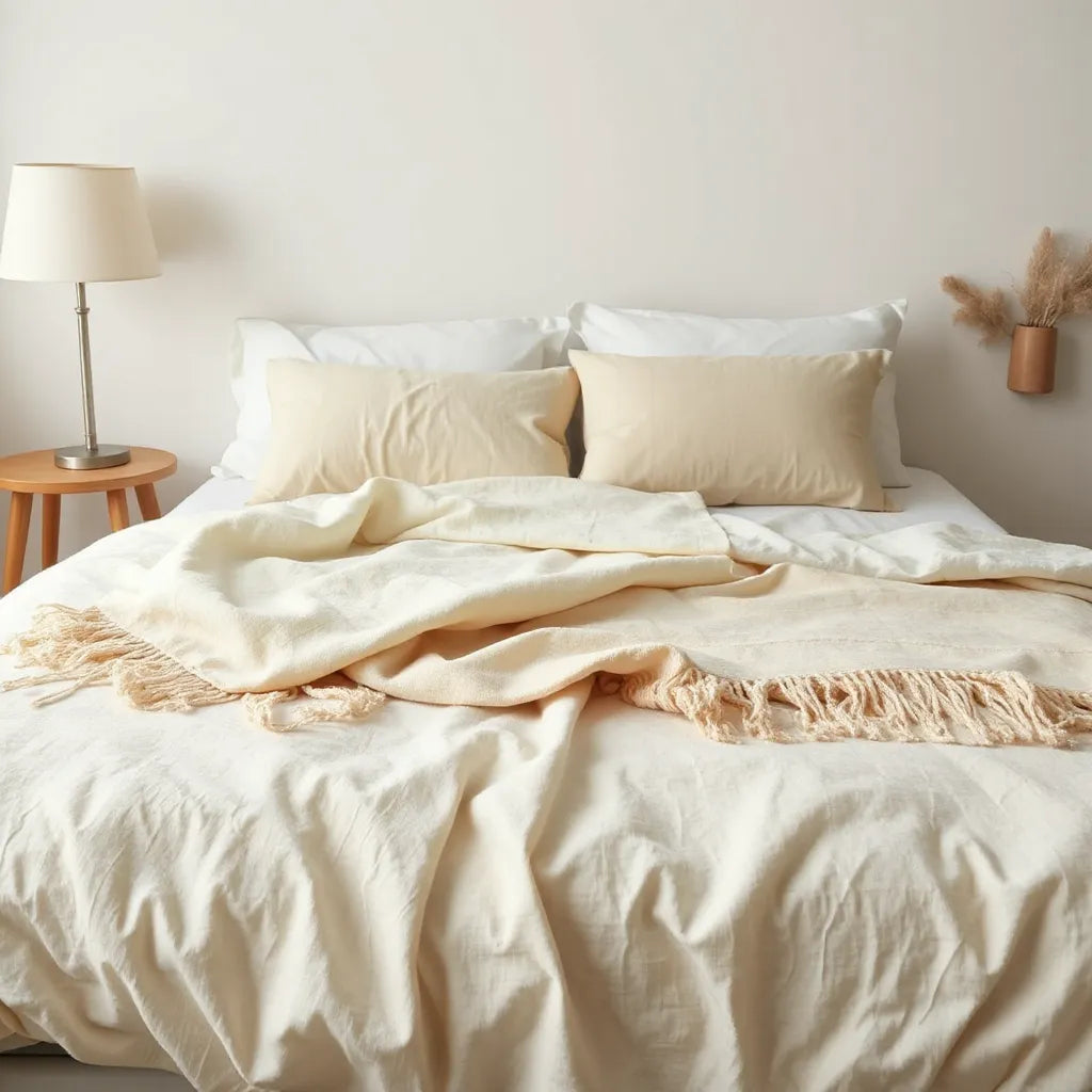 Neatly styled bed with soft duvet and pillows in a calm, light bedroom