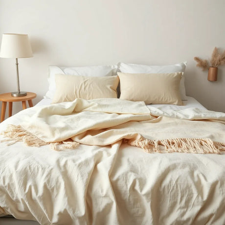 Neatly styled bed with soft duvet and pillows in a calm, light bedroom